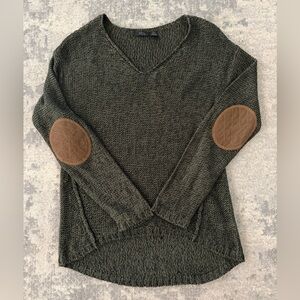 RDI Olive V-Neck Sweater with Tan Elbow Patches